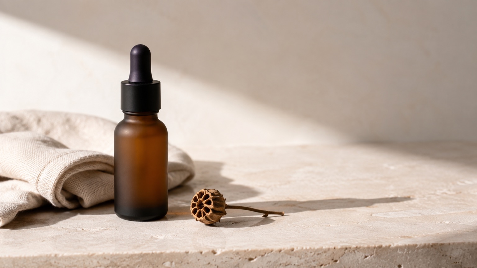 A plain amber dropper bottle beside a folded linen cloth on pale stone, one dried seed pod casting a long shadow.