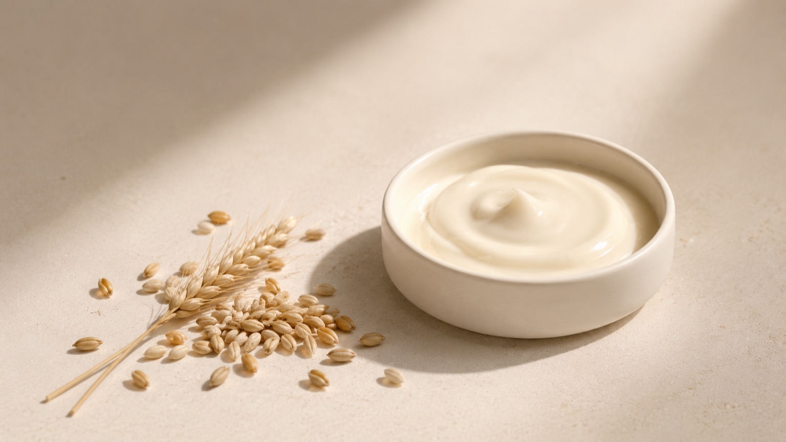 Barley and wheat grains scattered beside a white ceramic dish of smooth pale cream.