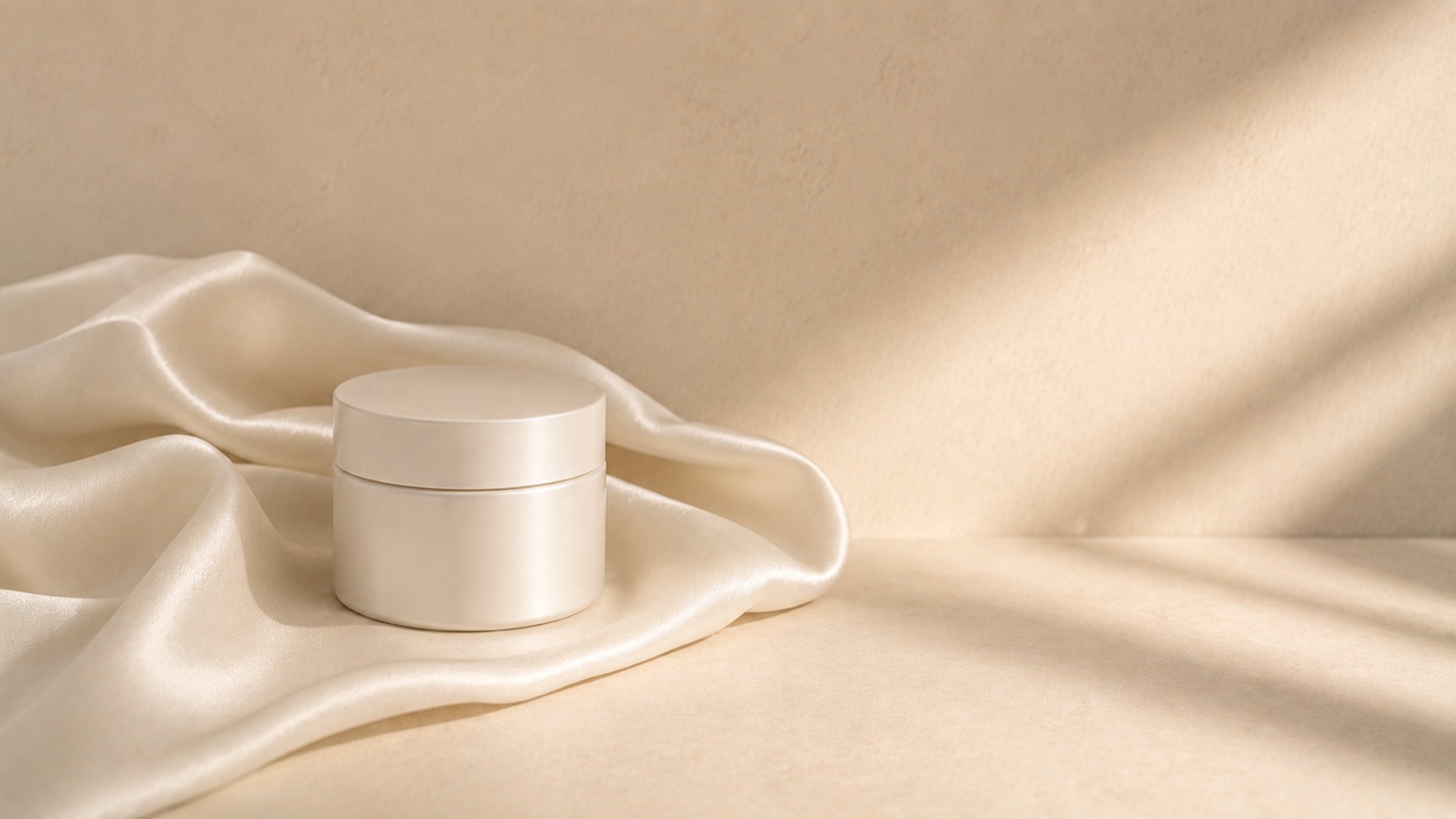 A pearl-toned jar resting on a fold of pale silk in soft directional daylight.
