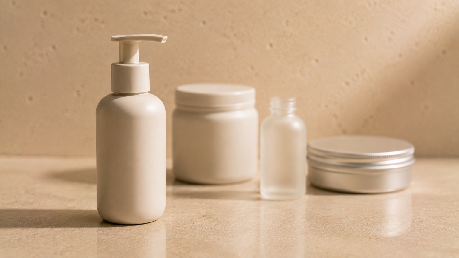 Four plain containers in different formats grouped on porcelain, one in sharp focus and the rest soft.