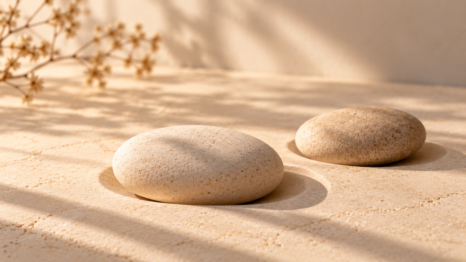 Two smooth stone ovals resting in shallow depressions on porcelain, each casting a soft crescent shadow.