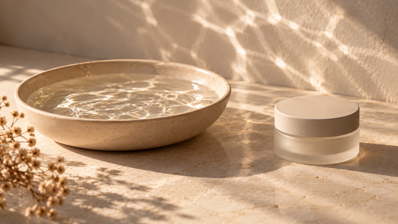 A shallow dish of clear water throwing rippled light onto porcelain, a matte jar outside the reflection.