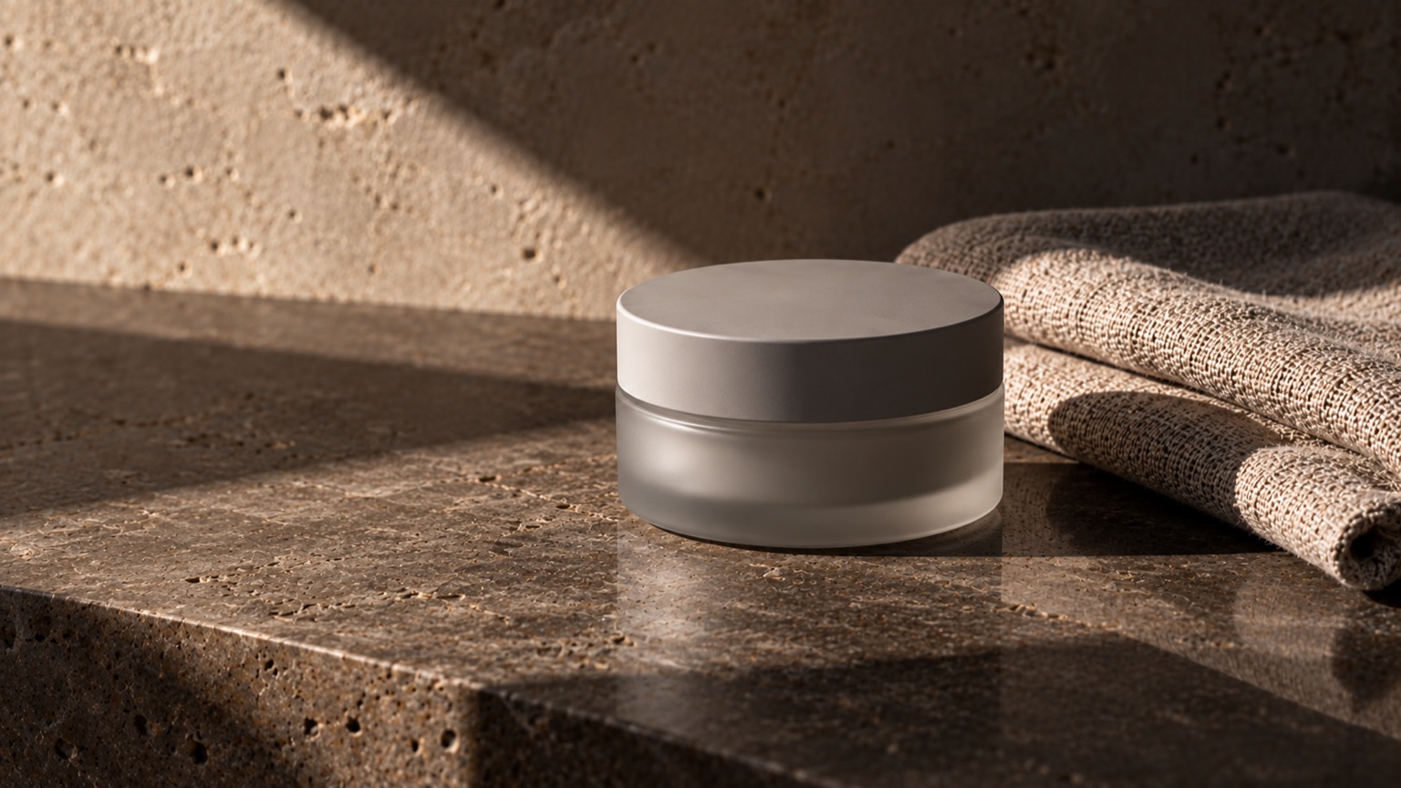 A matte grey unlabelled jar on dark warm stone beside a folded coarse cotton cloth in hard directional light.