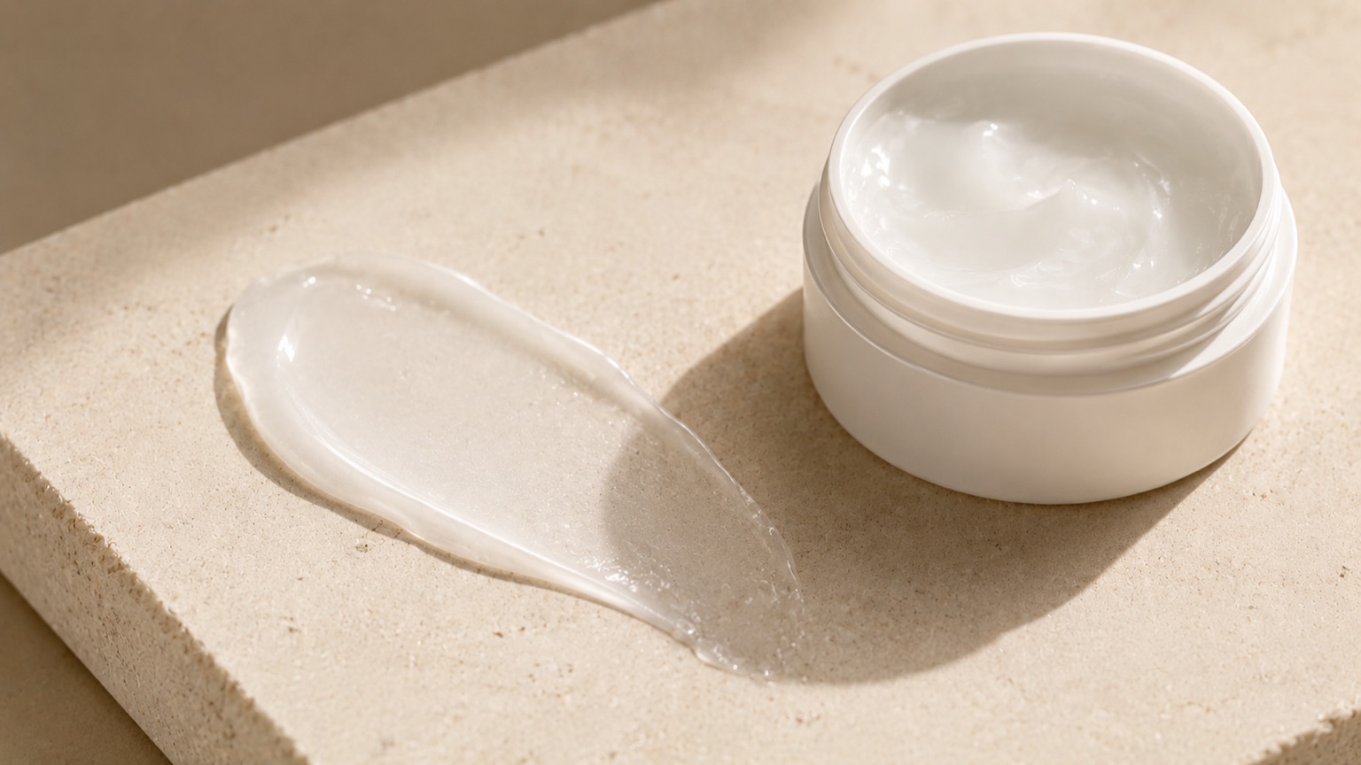 A translucent gel-cream swatch smeared across a pale stone tile next to an open white jar.