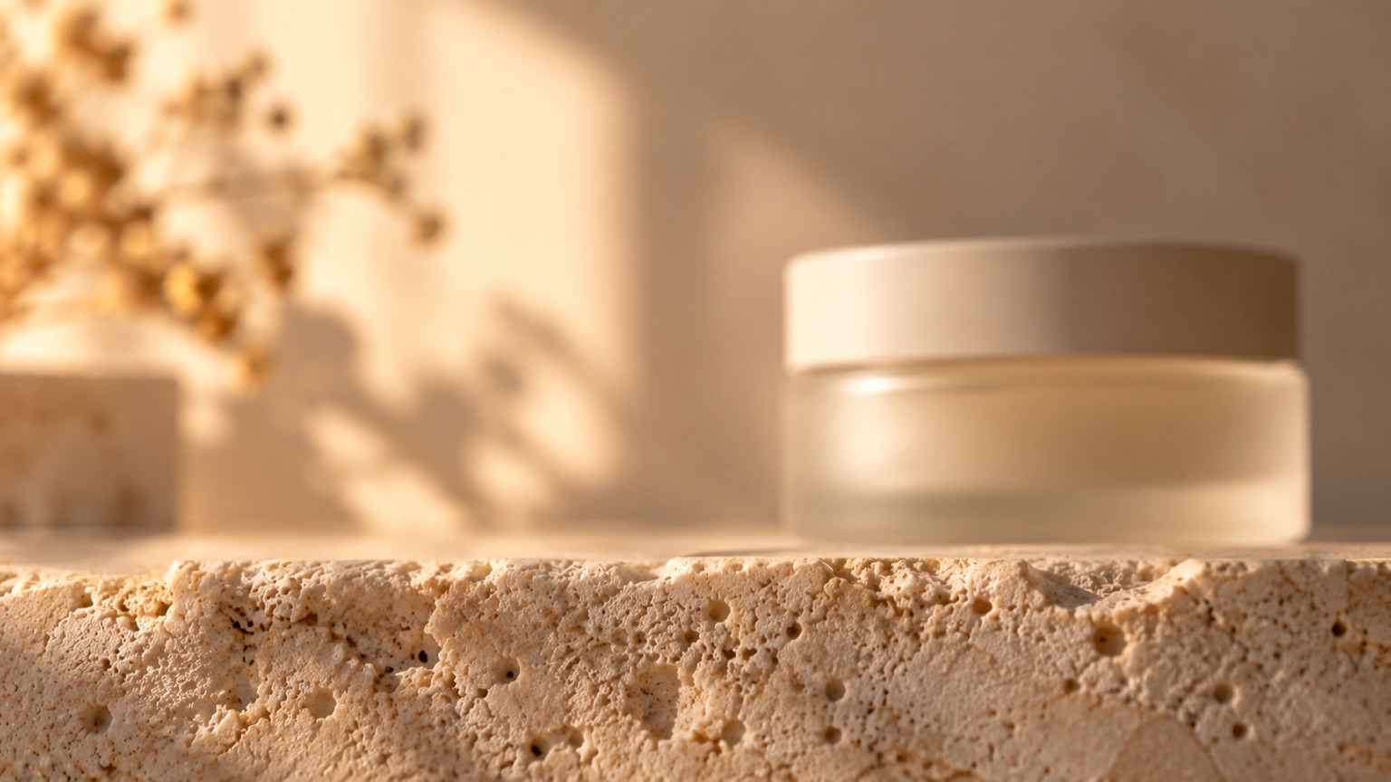 Macro of pale porous stone across the lower frame, an unlabelled frosted jar soft behind it in amber light.