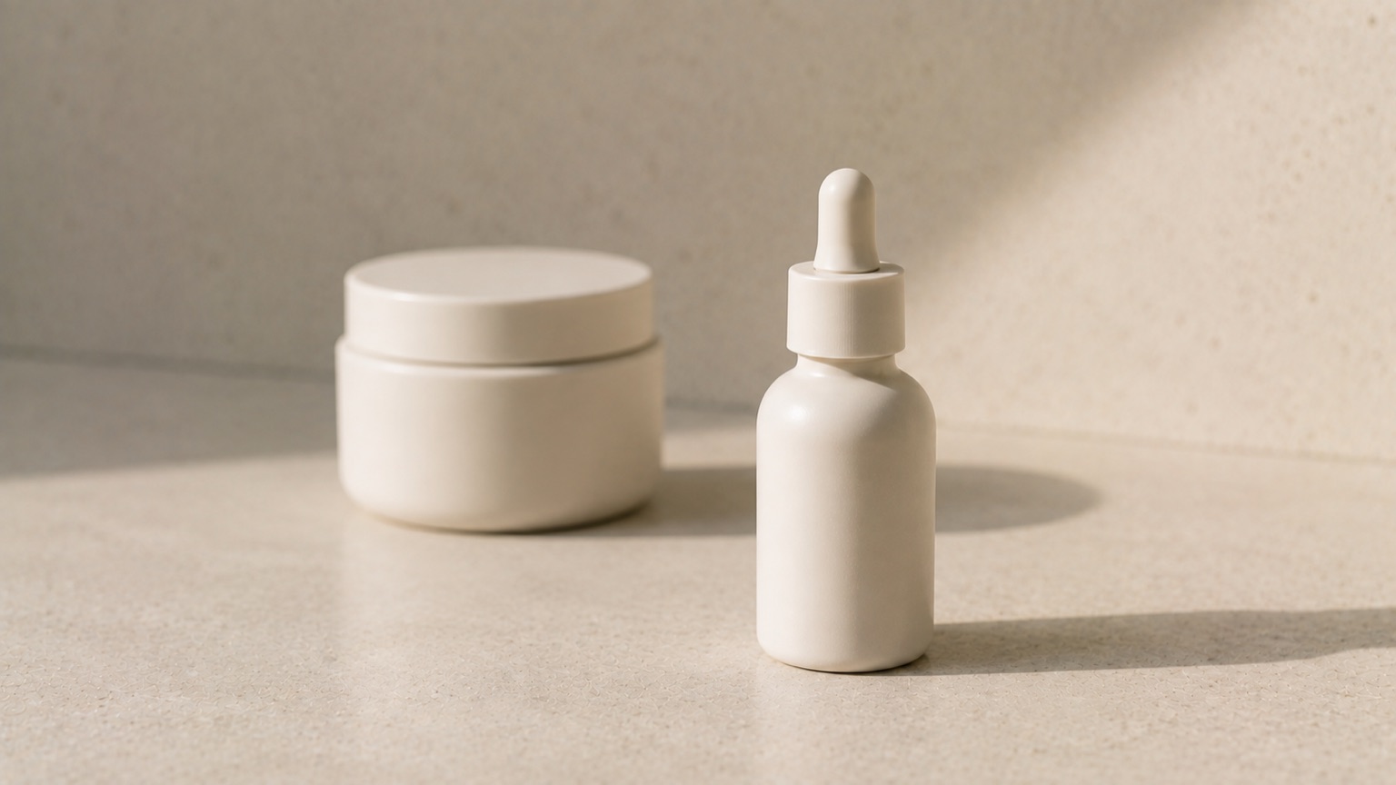 A plain matte jar and a plain dropper bottle together on pale stone, the bottle sharp and the jar soft behind.
