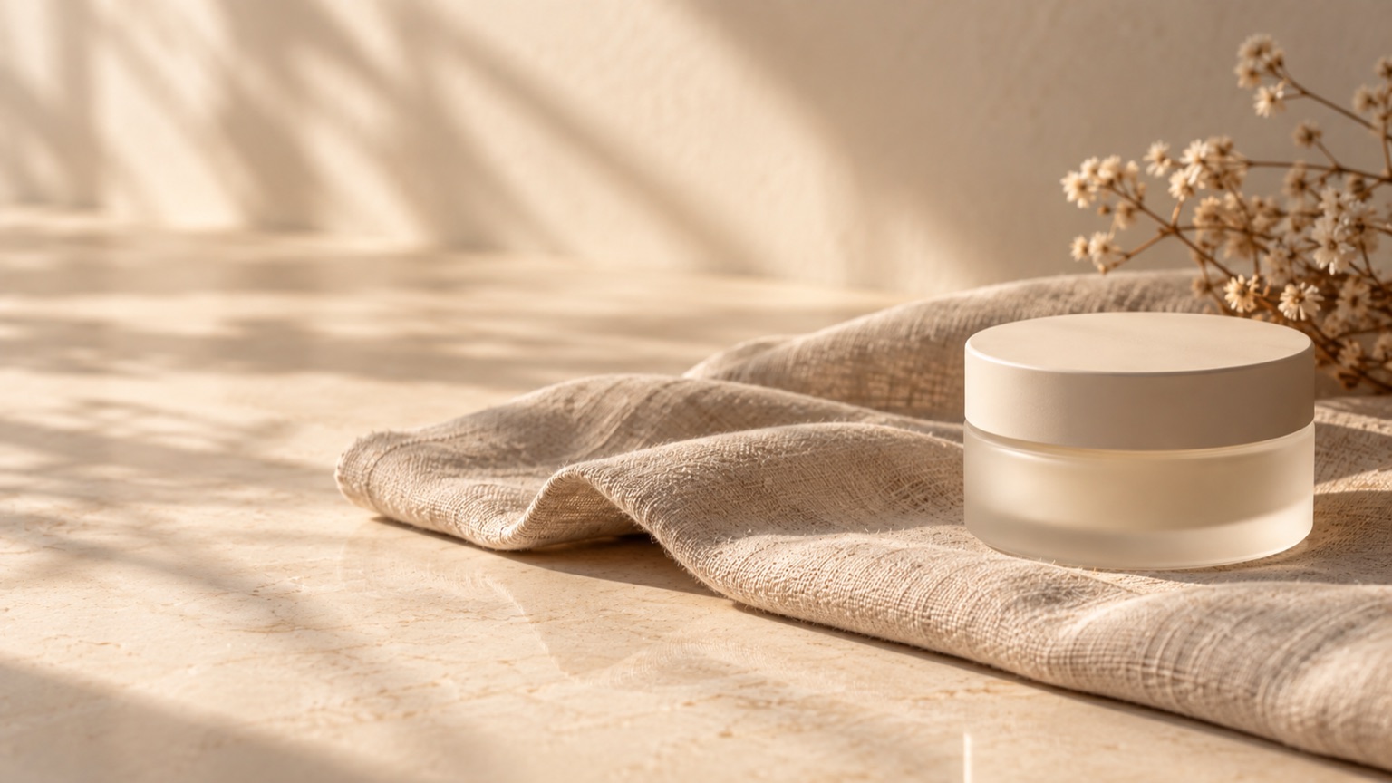 A folded length of fine linen creased across porcelain, a small unlabelled jar resting at one end.
