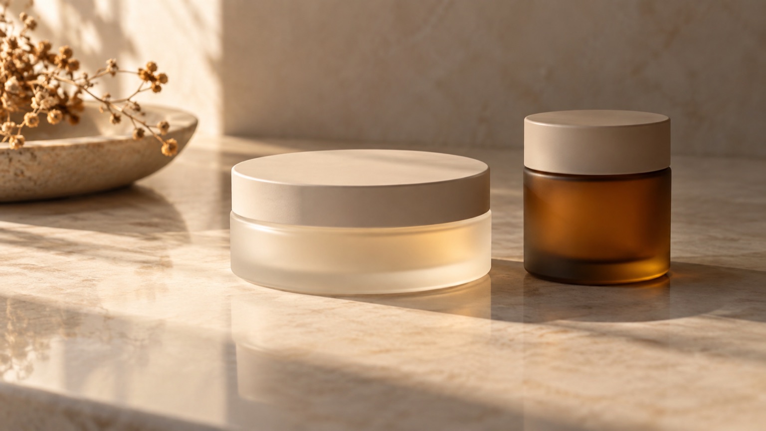 Two unlabelled matte jars side by side on warm porcelain, one wide and shallow in light, one small and deep in shadow.