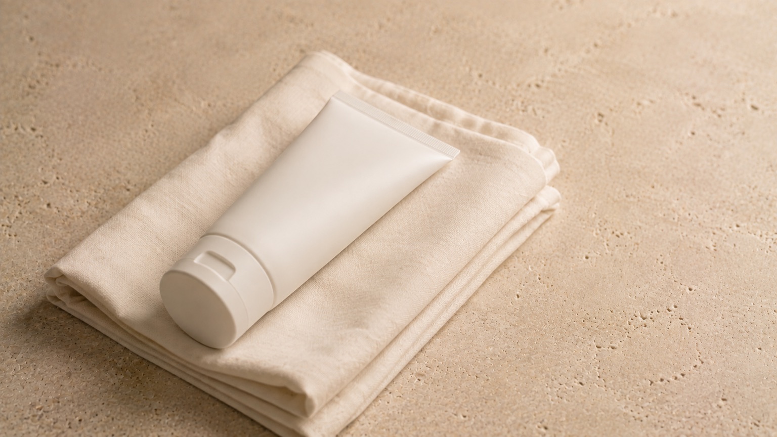 A plain unlabelled tube lying on folded pale cotton on warm stone in soft even light.