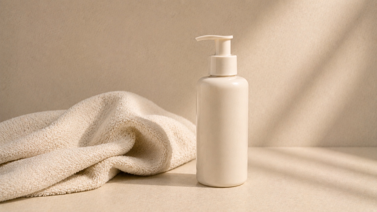A plain pump bottle of creamy cleanser beside a softly folded towel in gentle daylight.