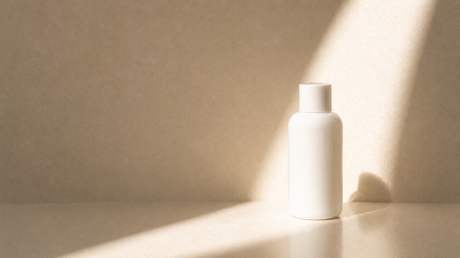 A shaft of bright light breaking across pale porcelain onto a plain white bottle, leaving deep shadow around it.