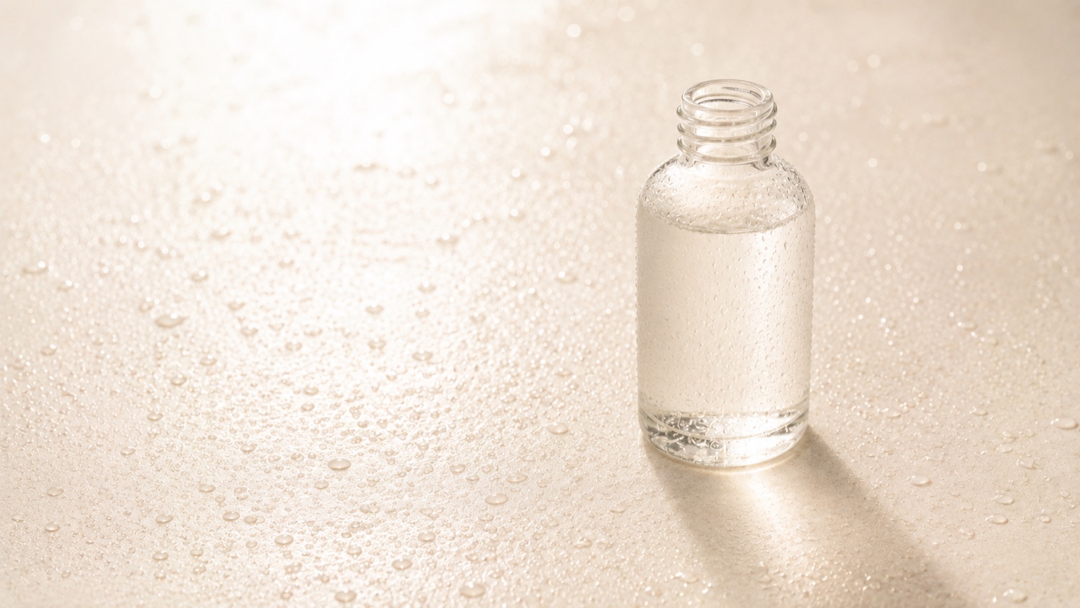 Backlit pale porcelain covered in fine water droplets, with a plain clear glass bottle standing in the light.