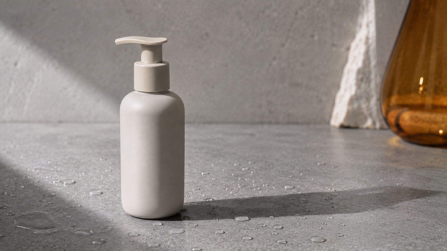A matte pump bottle on grey slate with a light scatter of clear water beads in cool daylight.