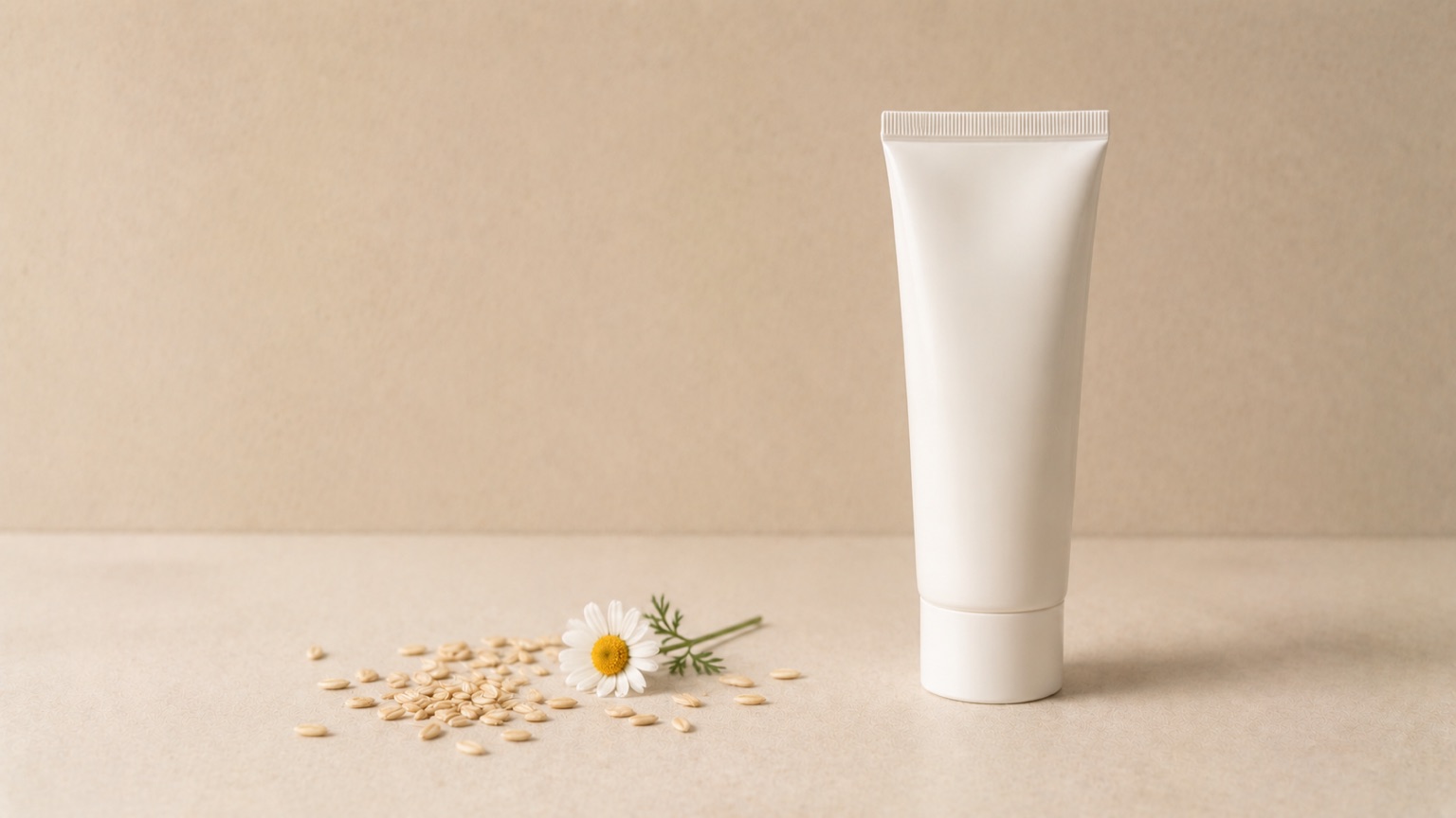 Scattered oat grains and a single chamomile flower beside a plain white tube in muted light.