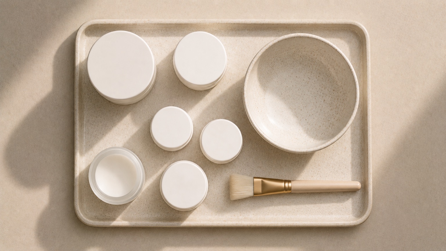 A shallow tray seen from directly above, holding several small plain jars, a mixing bowl and a soft brush.