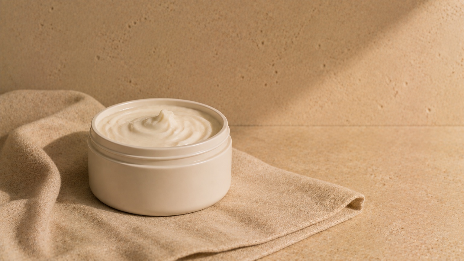 A deep plain jar on warm linen showing a thick rich cream swirl at the surface in low side light.