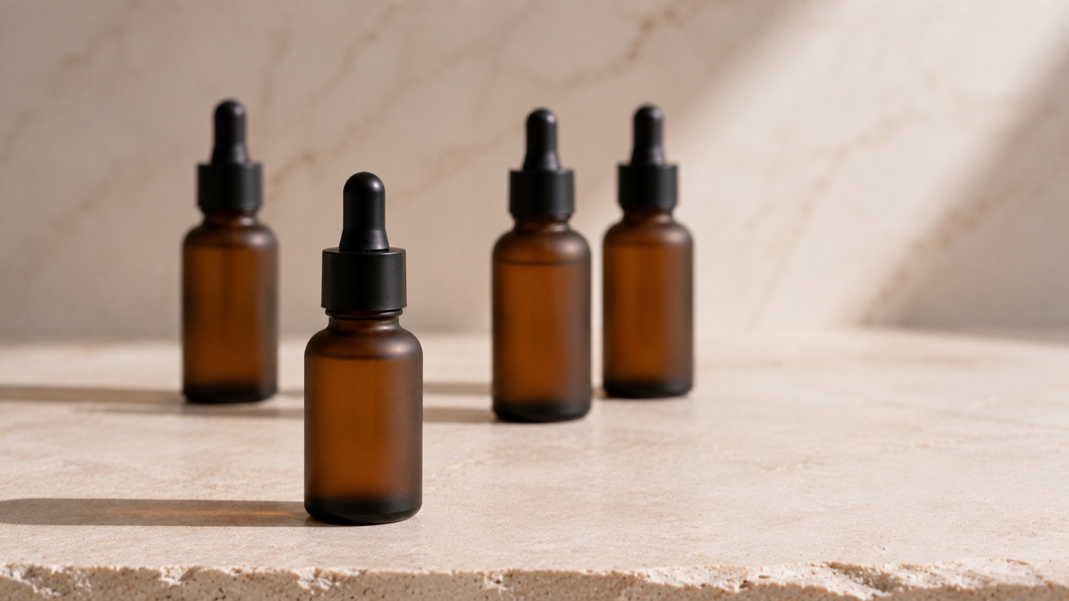 Four unlabelled dropper bottles arranged in a loose arc on pale stone, one pulled forward into focus.