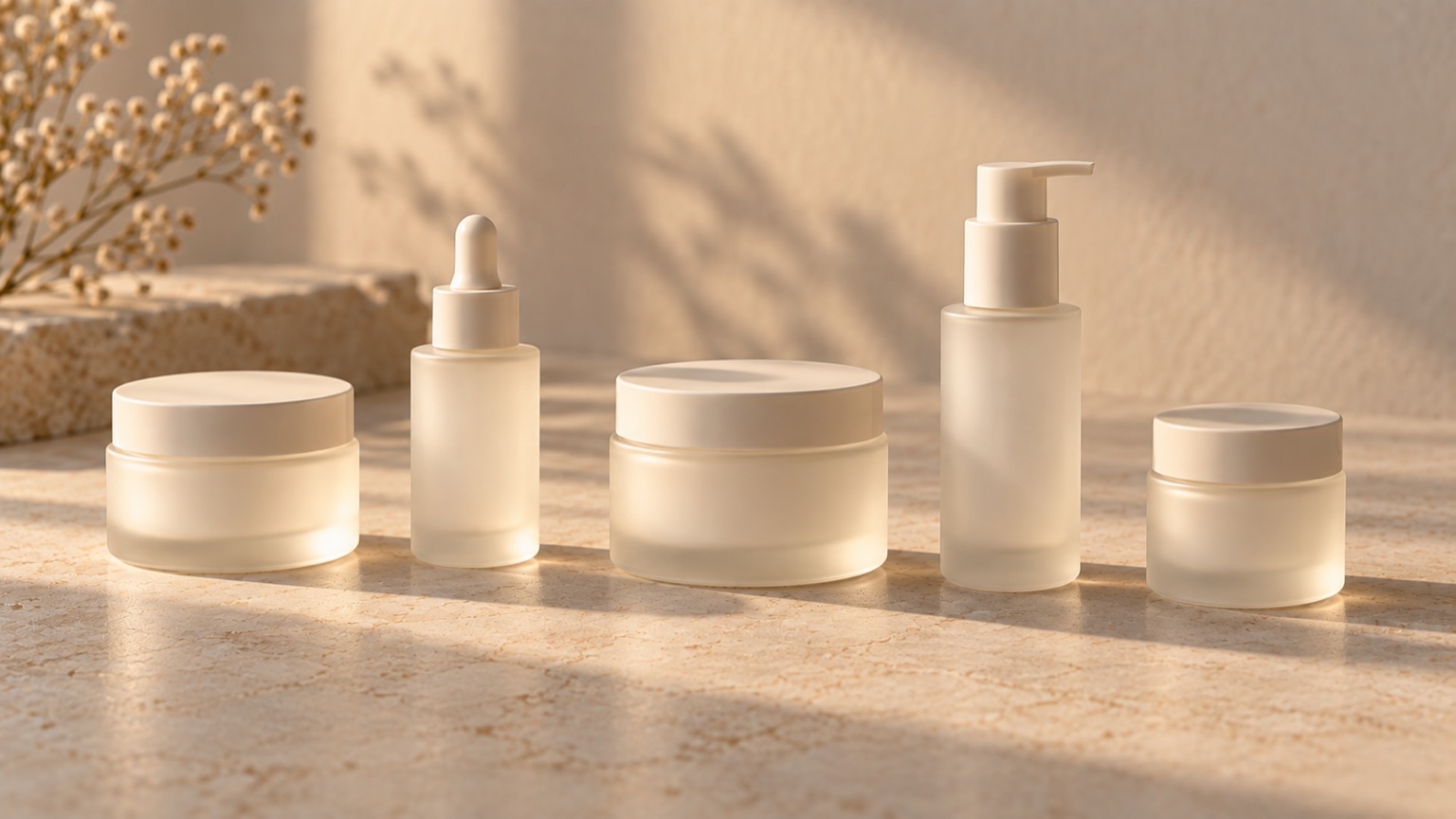 Five unlabelled matte containers of varying shapes arranged in a loose row on pale stone.