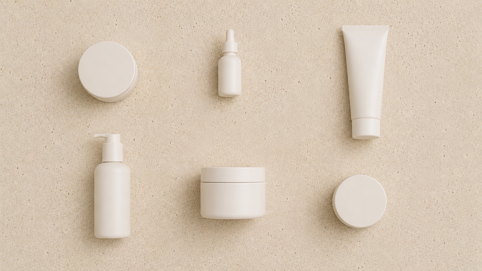 An overhead arrangement of six plain unlabelled containers spaced evenly across pale stone.