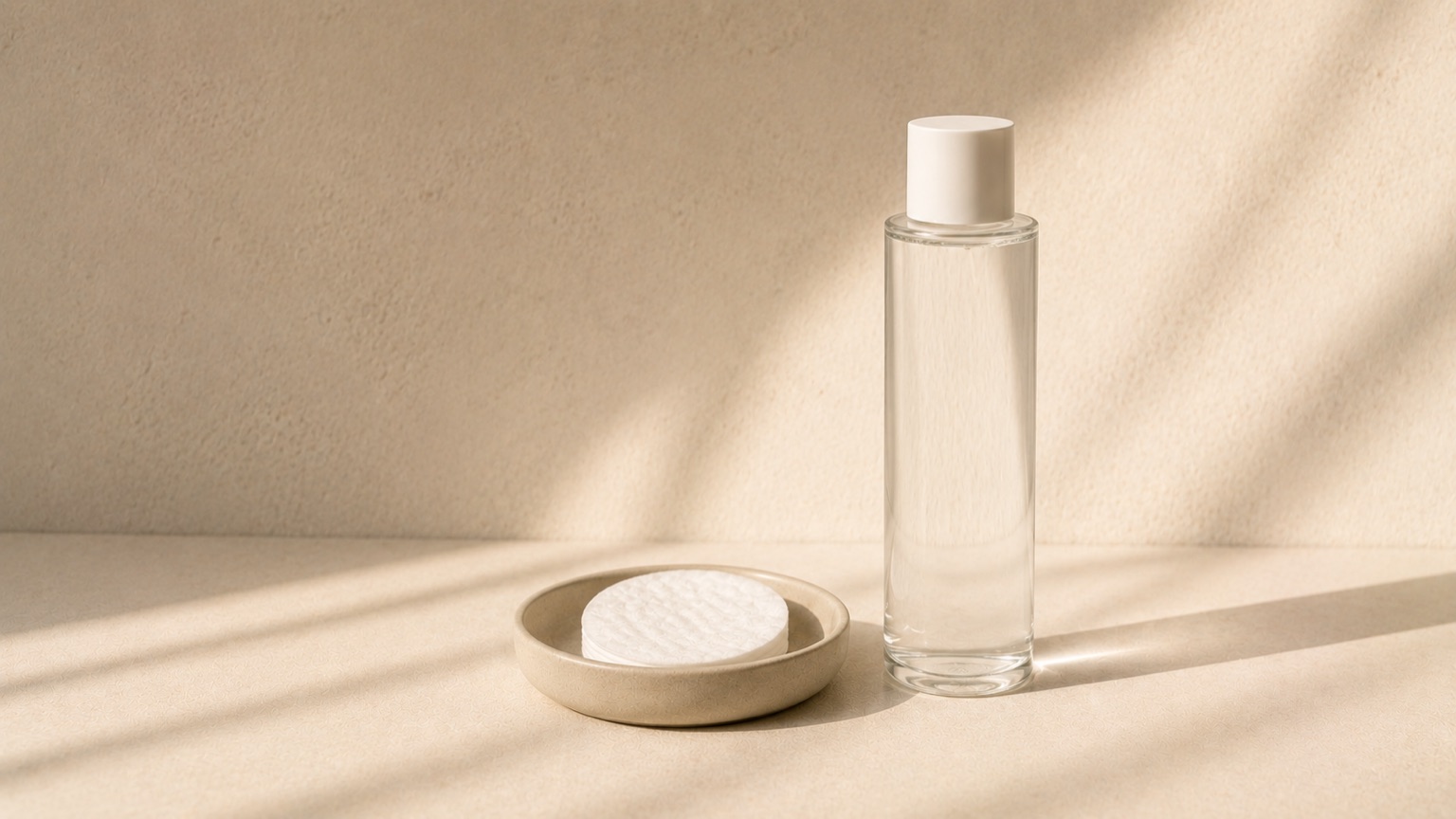 A tall clear bottle of colourless liquid beside a round cotton pad resting in a shallow dish.