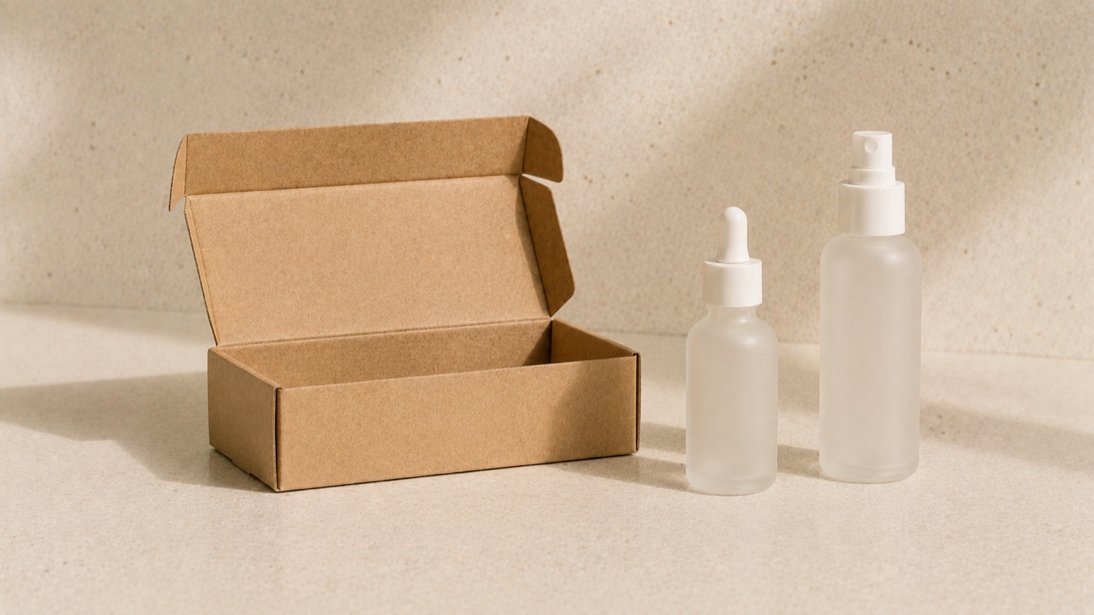 A plain unmarked kraft box, open and empty, on warm porcelain beside two unlabelled frosted bottles.