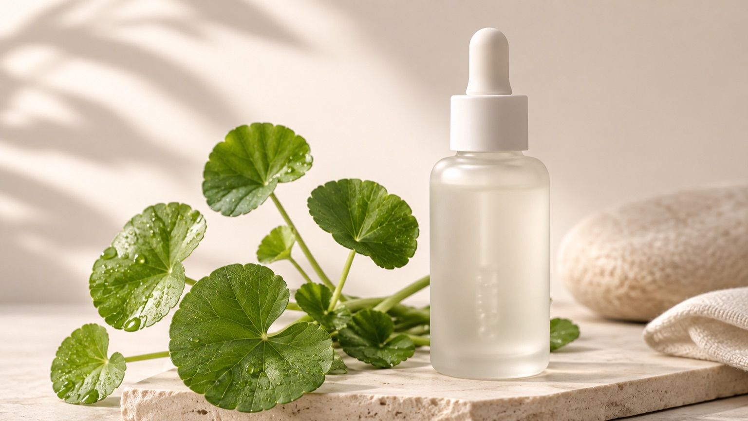 Fresh centella asiatica leaves beside a plain frosted-glass dropper bottle on a pale stone slab.