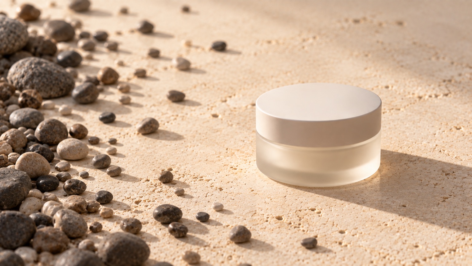Small dark pebbles scattered across pale stone, dense at one edge and sparse at the other, one plain jar in the clear space.