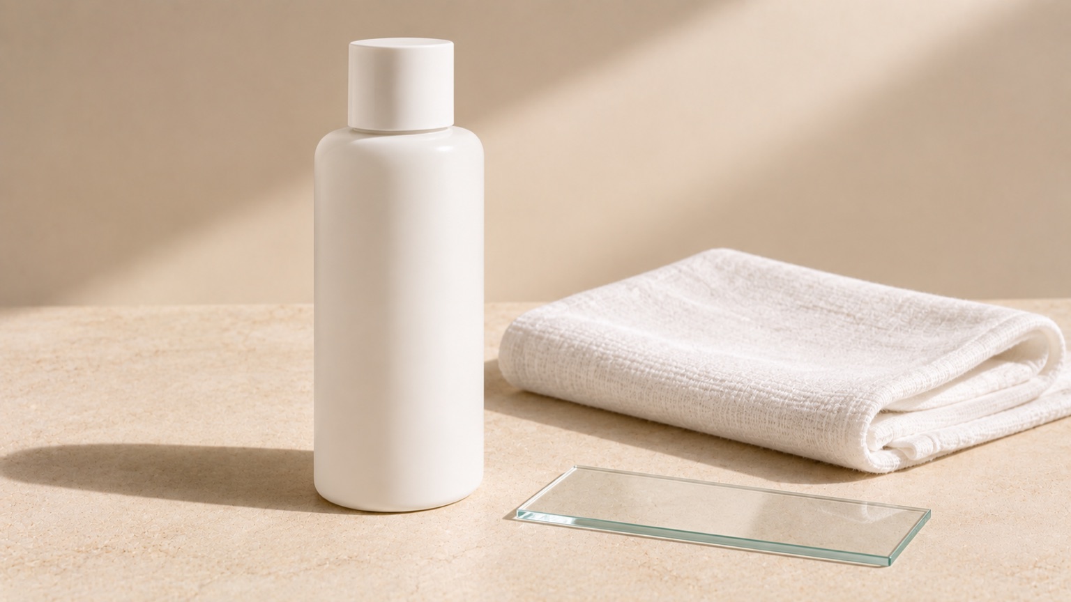 A white bottle, a folded white cloth and a clear glass slide arranged on a pale stone surface.