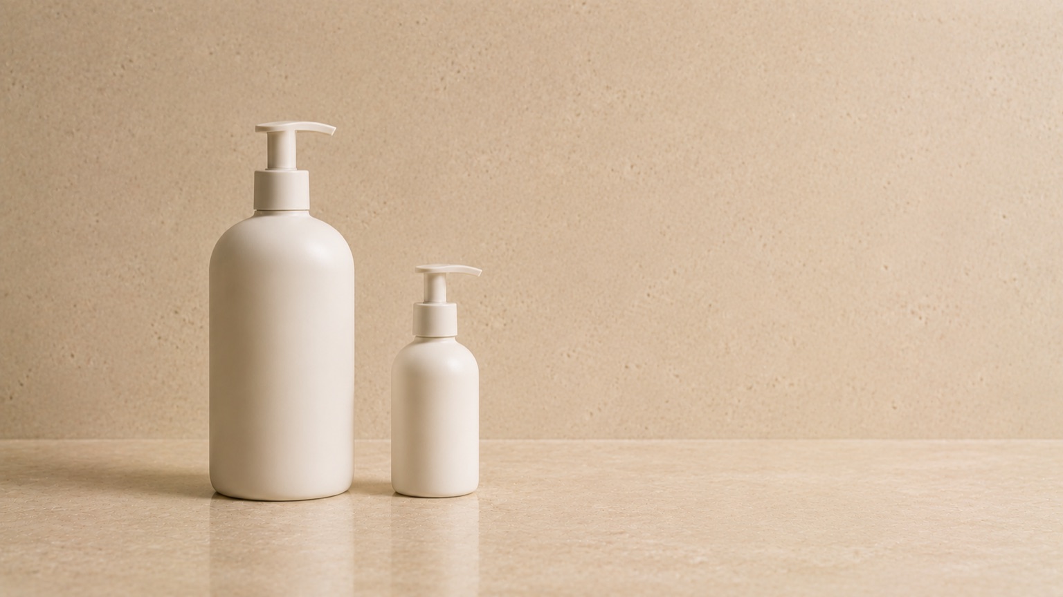 Two plain unlabelled pump bottles of markedly different sizes on warm porcelain in flat even light.