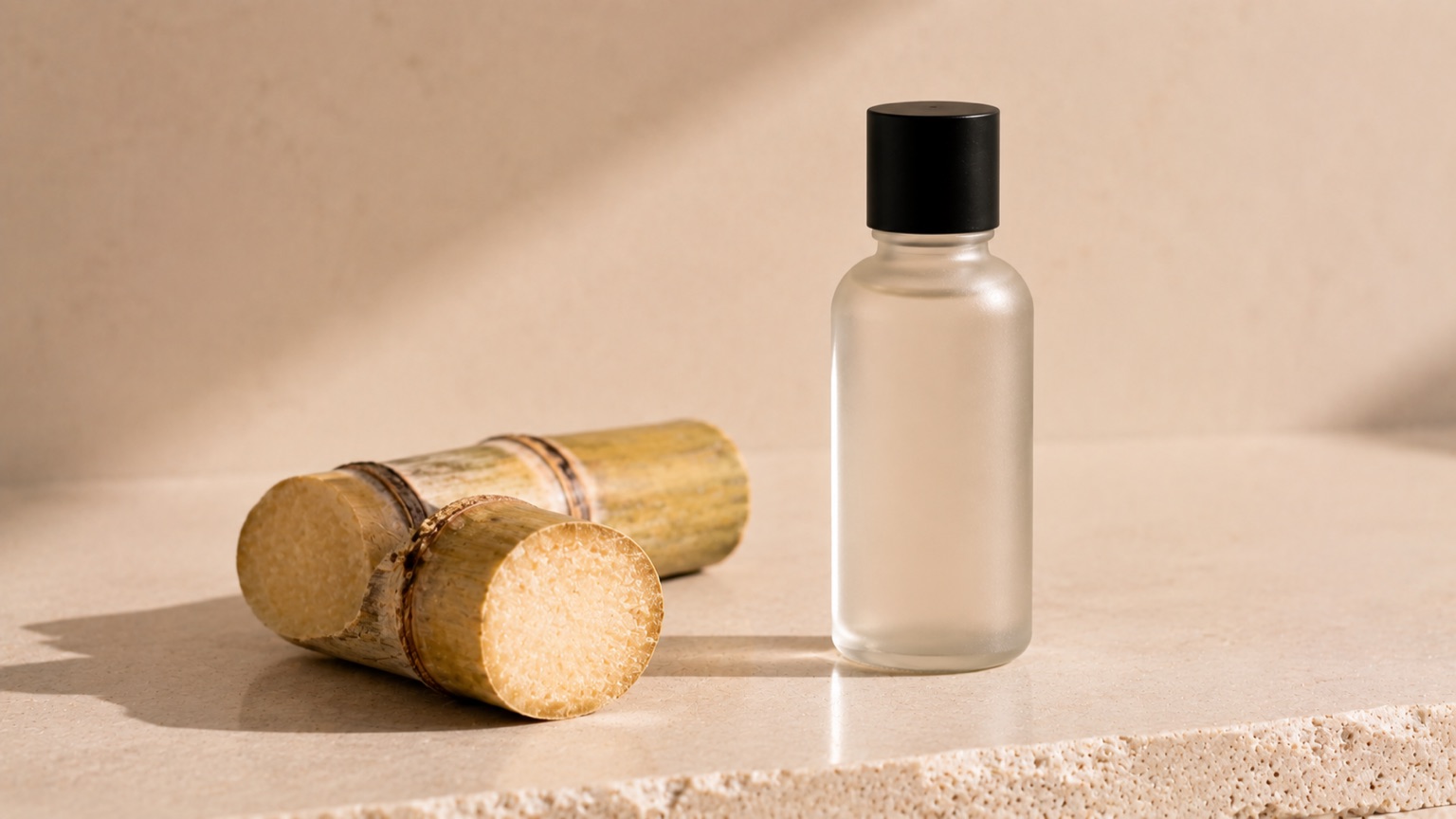 A plain glass bottle beside a cut section of sugarcane on warm porcelain, a bright highlight along the glass edge.