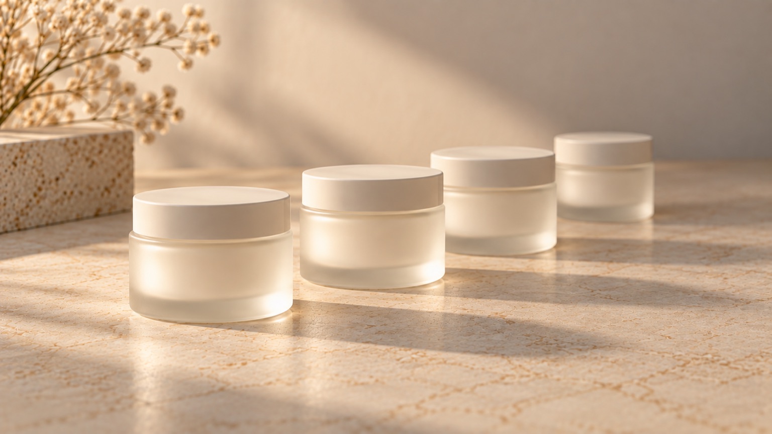 Four identical unlabelled jars in a receding line on warm porcelain, each a little further into soft shadow.