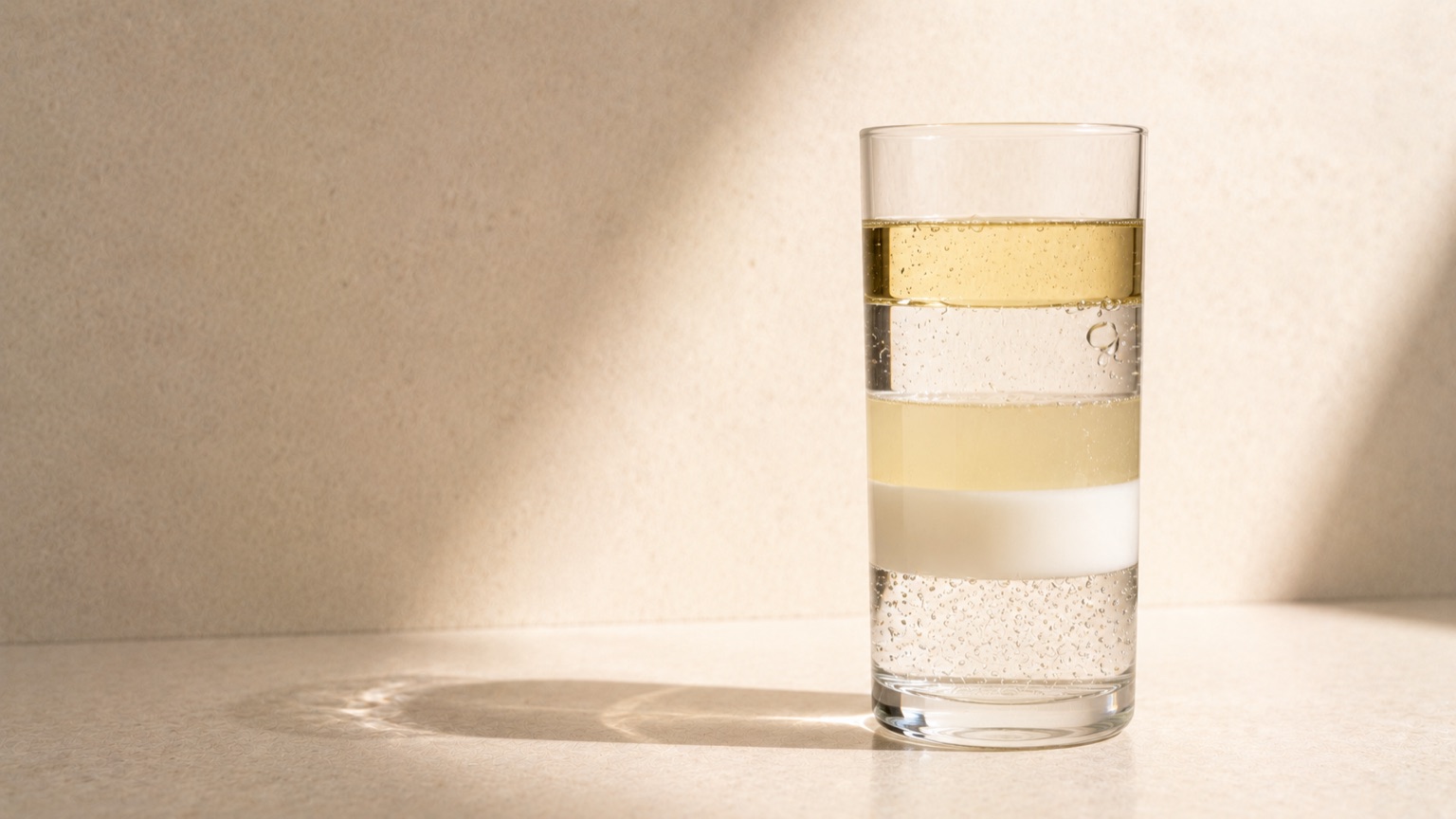A tall clear glass holding several distinct stacked liquid layers of differing clarity, lit from behind.