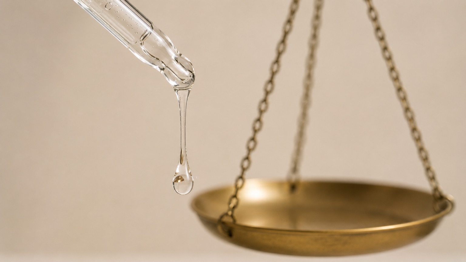 A clear viscous droplet stretching from the tip of a glass pipette, an empty brass scale pan blurred behind it.