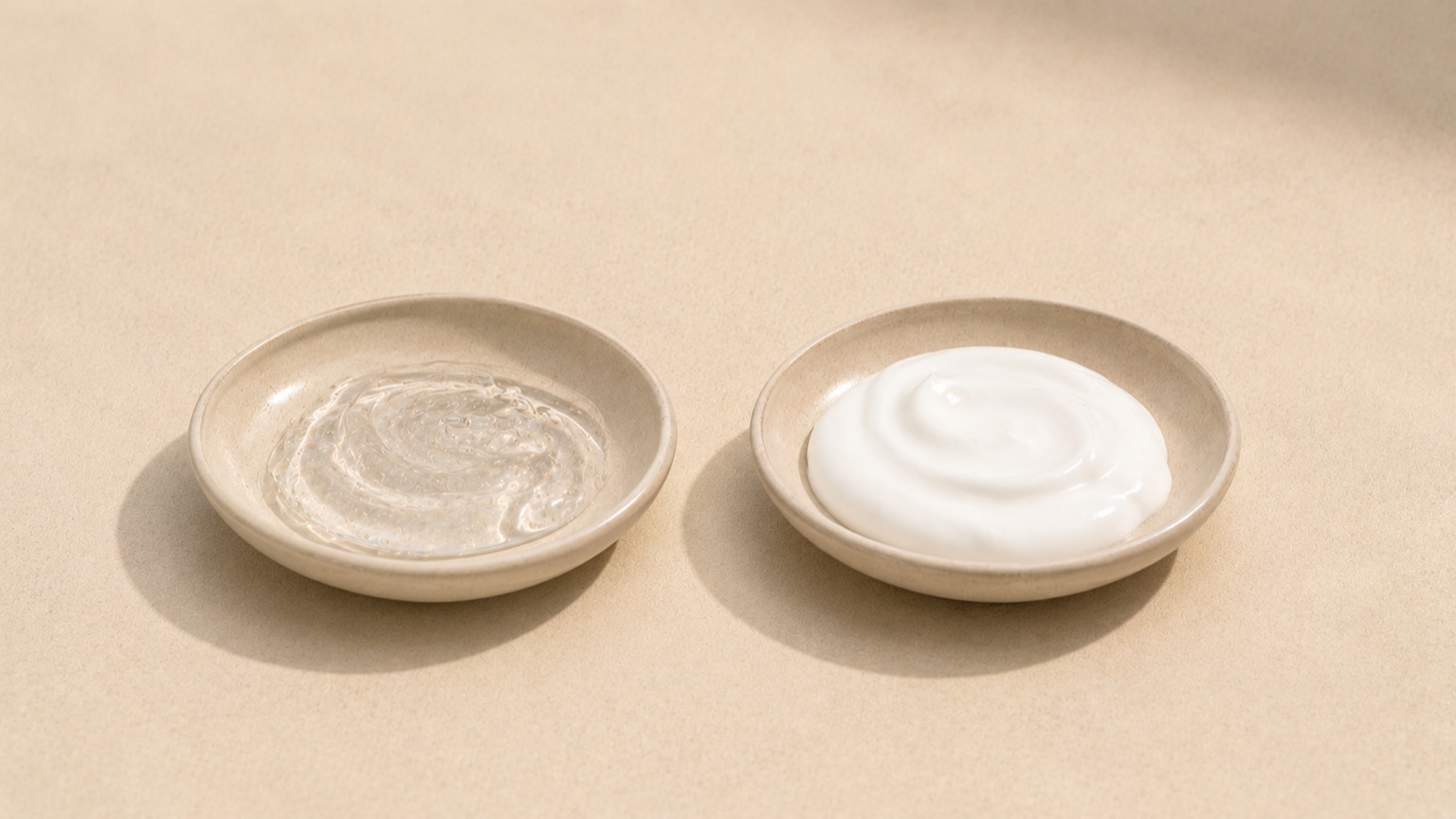 Two small dishes side by side in even daylight, one holding a clear gel and the other an opaque cream.