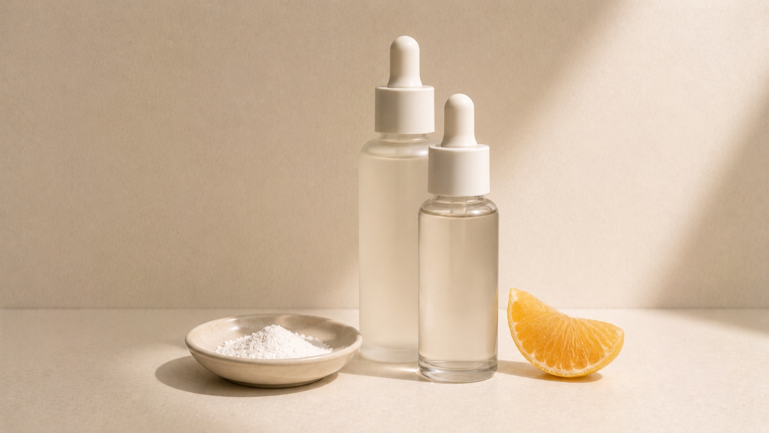 Two plain dropper bottles overlapping slightly, with a small dish of fine white powder and one citrus segment nearby.