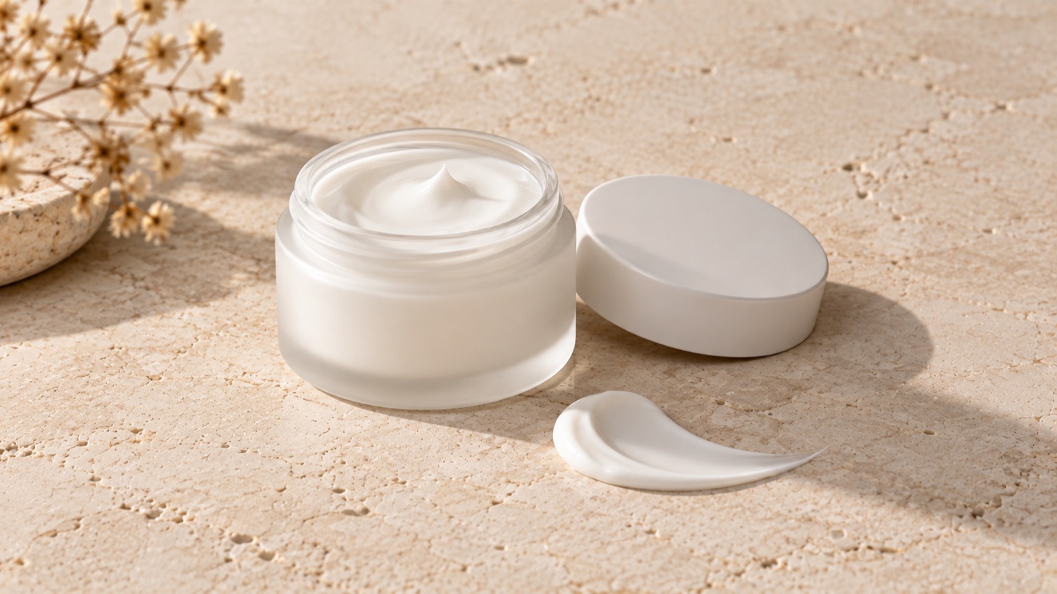 A plain white jar with its lid set beside it and a single smooth crescent of cream on a stone tile.