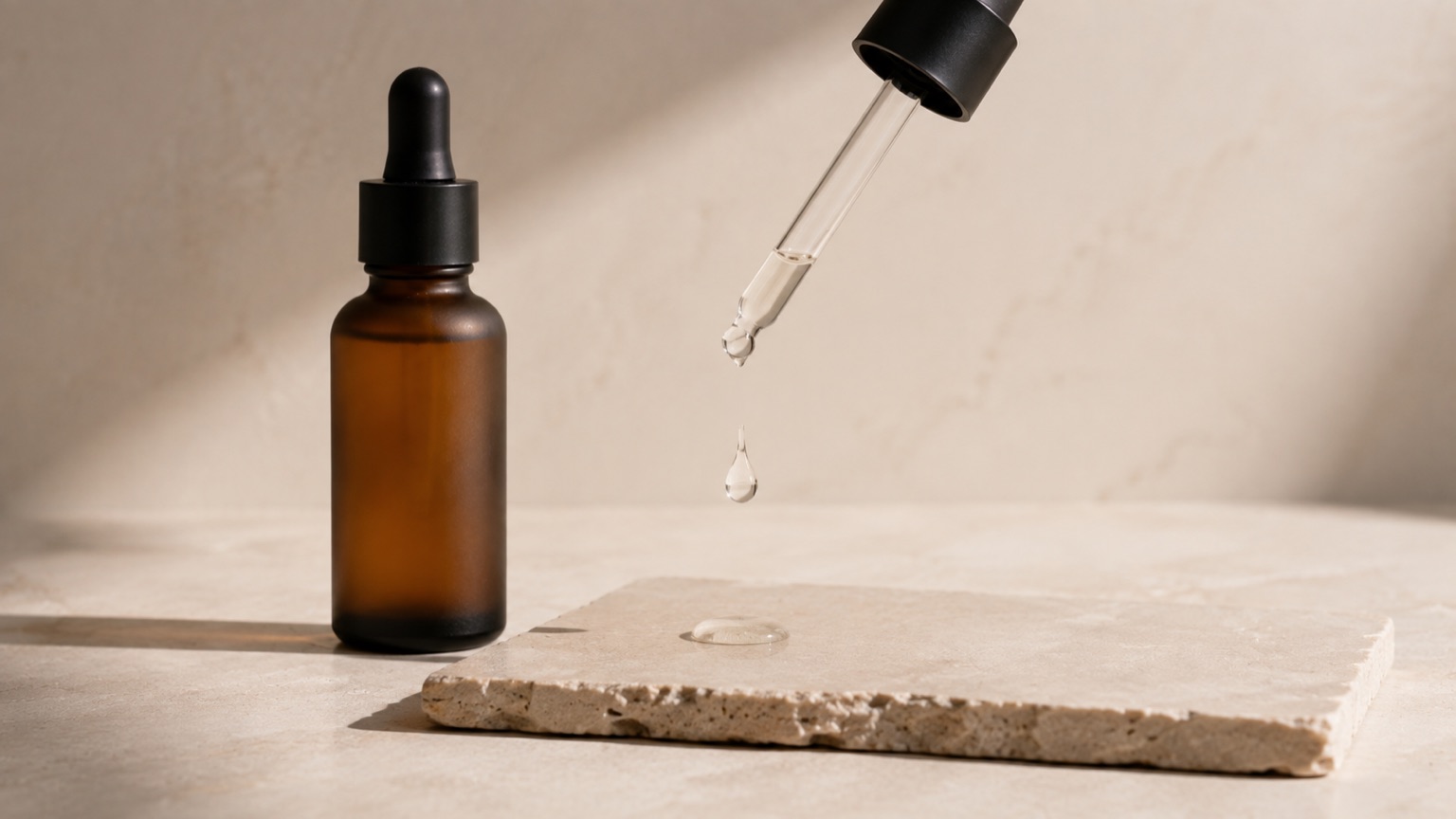 A frosted dropper bottle on warm porcelain with a single drop of clear serum falling toward a stone tile.