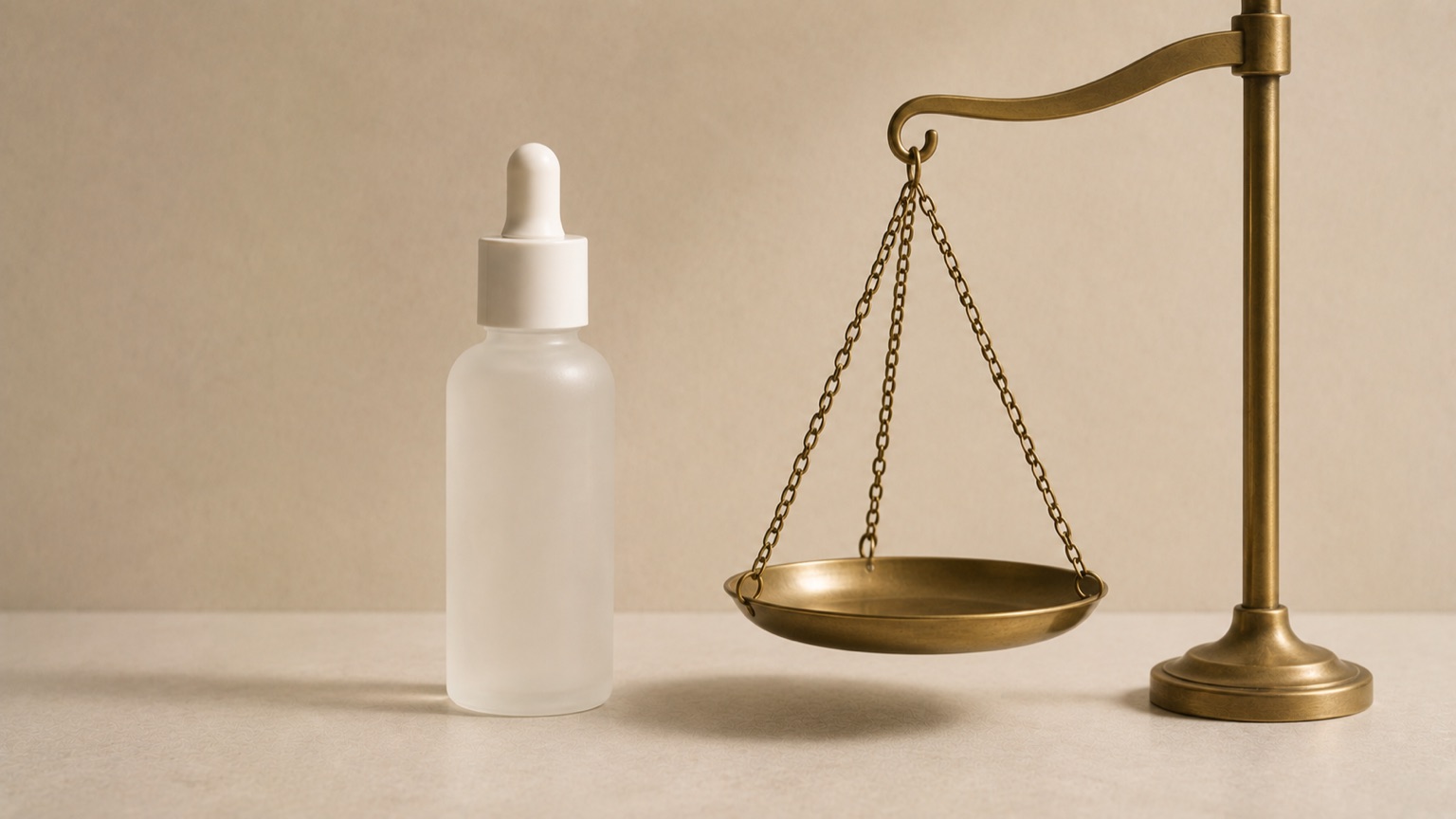 A plain dropper bottle standing beside an empty brass balance-scale pan in quiet soft light.