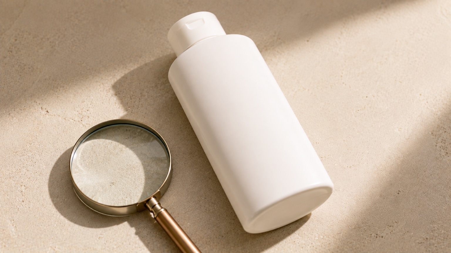 A plain white cosmetic bottle lying on its back beside a brass magnifying glass.