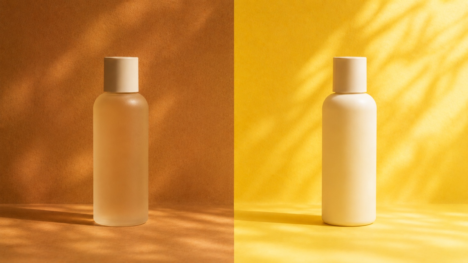 A split composition lit warm amber on the left and citrus-yellow on the right, one plain bottle standing on each side.