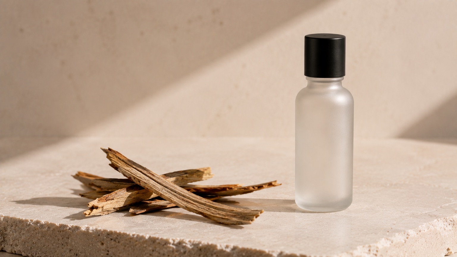 A plain frosted bottle beside strips of willow bark on a pale stone slab in dry directional light.