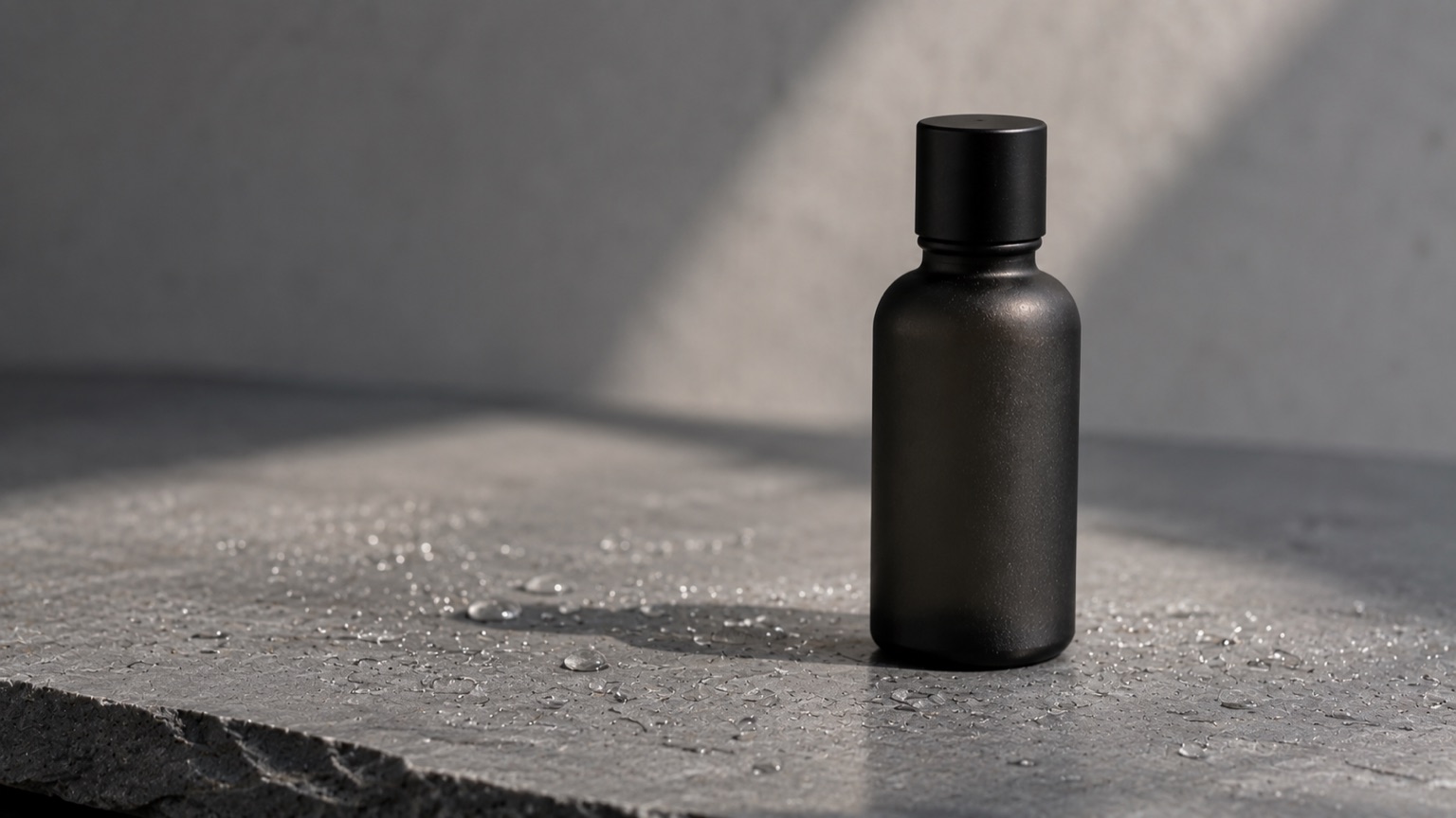 A matte glass bottle on a cool grey slate slab scattered with fine water droplets.