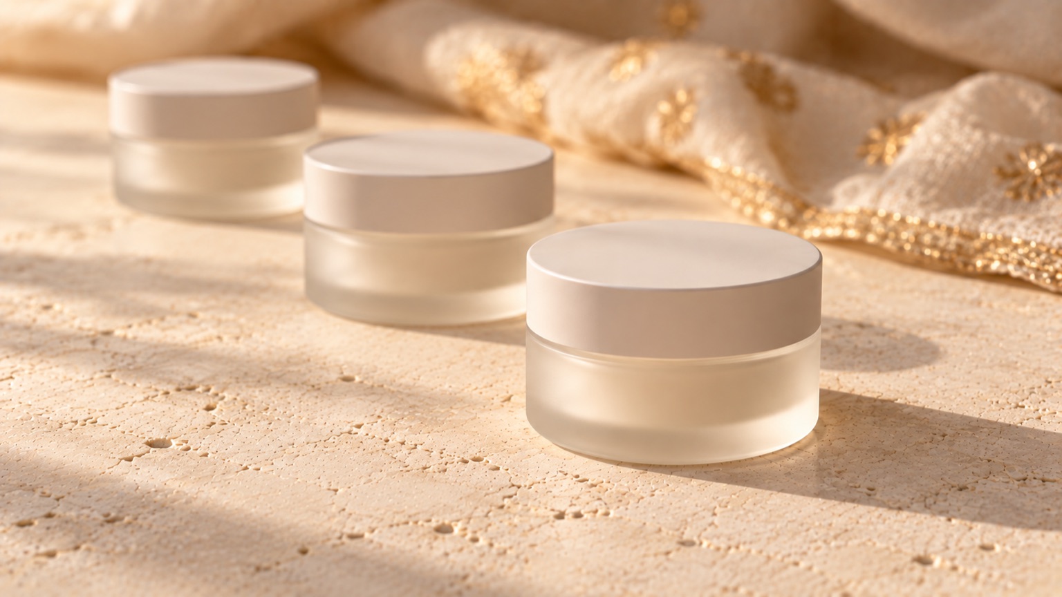 Three unlabelled jars receding across pale stone, the nearest sharp, gold-threaded fabric soft behind.