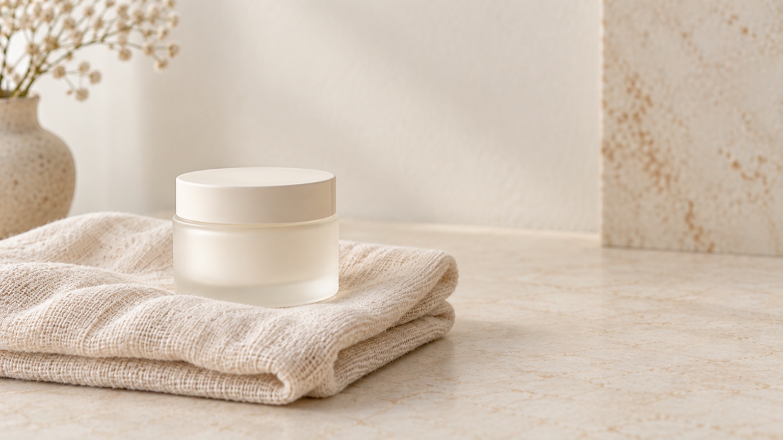 A single plain matte jar on soft folded cotton, diffuse daylight, no hard shadows anywhere in frame.