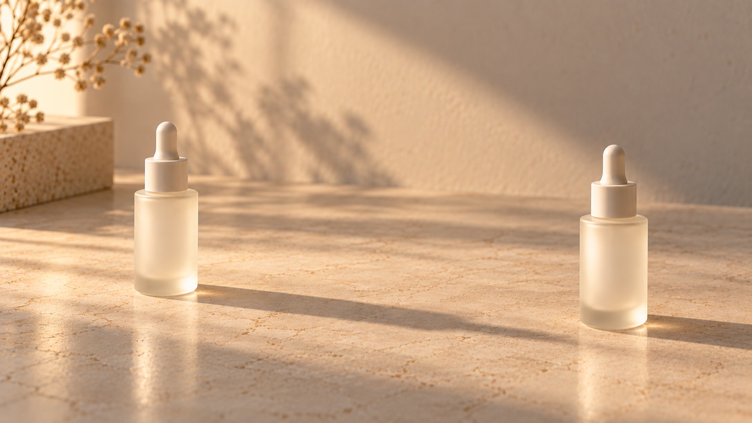 Two unlabelled dropper bottles set apart on pale stone, a clear gap of empty surface between them.