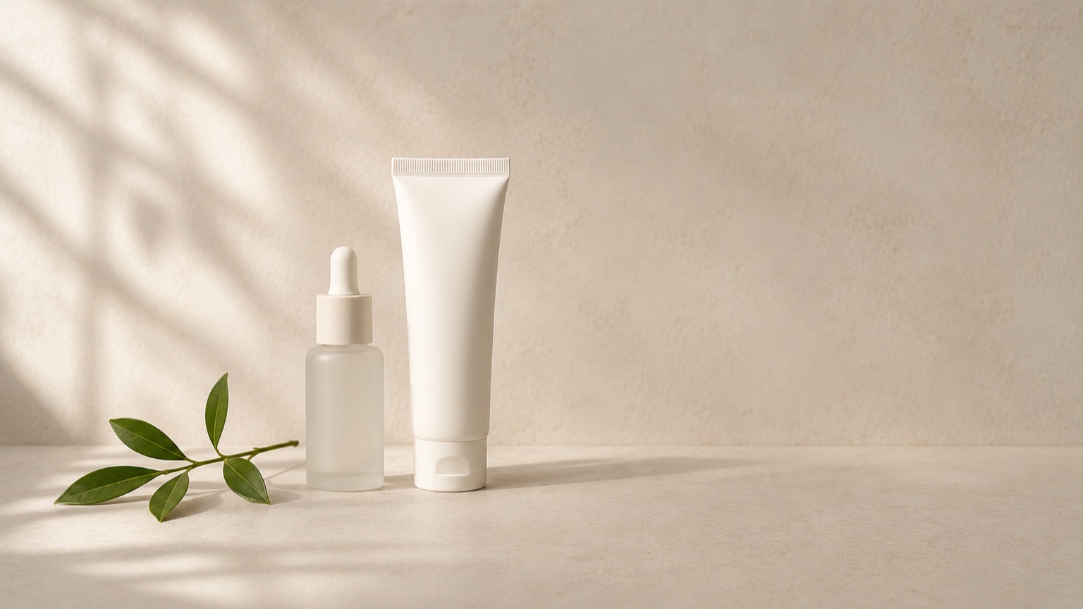 A small dropper bottle and a plain white tube on pale stone, with a single green leaf sprig beside them.