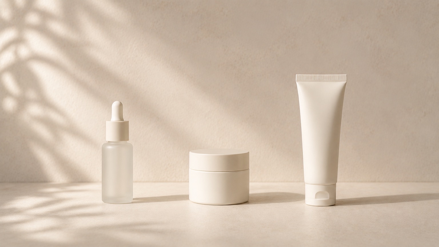 Three plain containers spaced evenly left to right on warm porcelain, arranged as a simple step sequence.