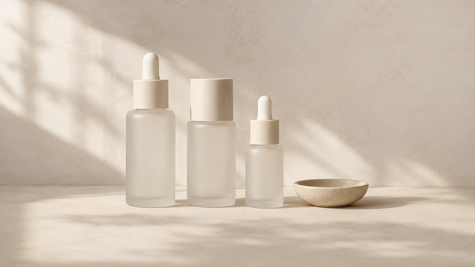 Three plain frosted-glass bottles of differing heights beside a matte unglazed clay dish in morning daylight.