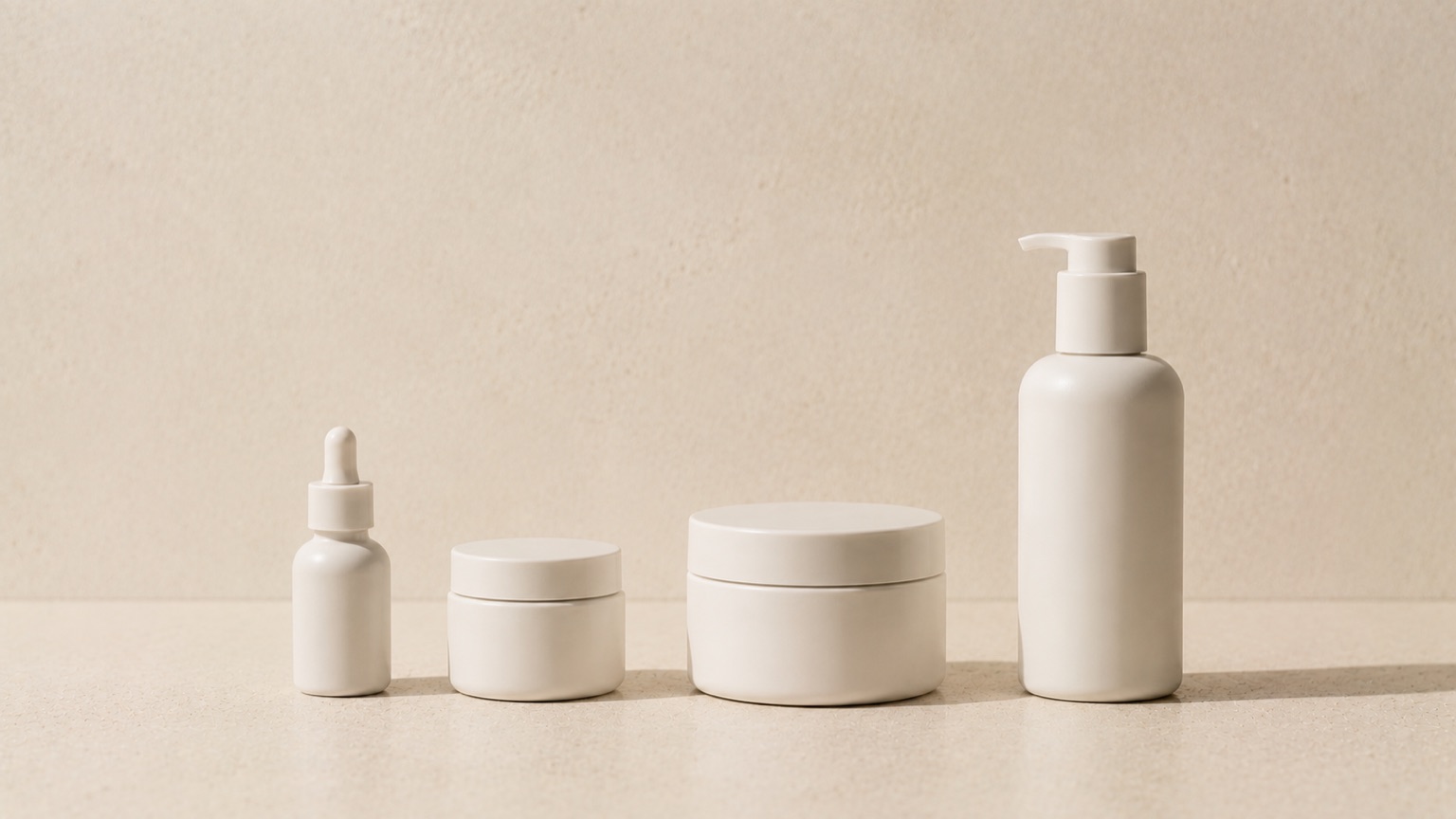 Four plain unlabelled containers laid out left to right in order of size on warm porcelain in soft morning light.