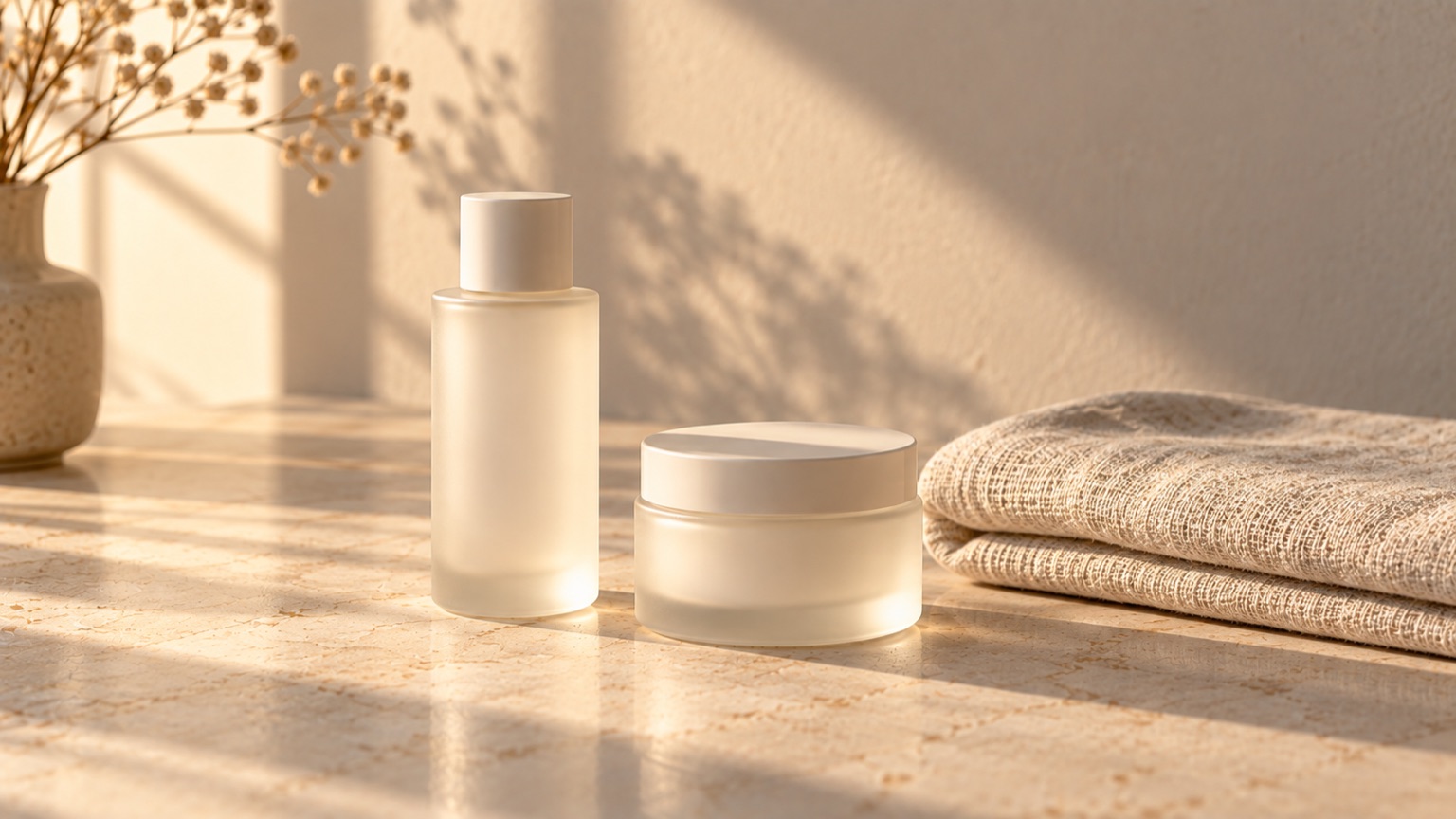 A plain frosted bottle and a shallow jar beside a folded linen cloth on warm porcelain in morning light.